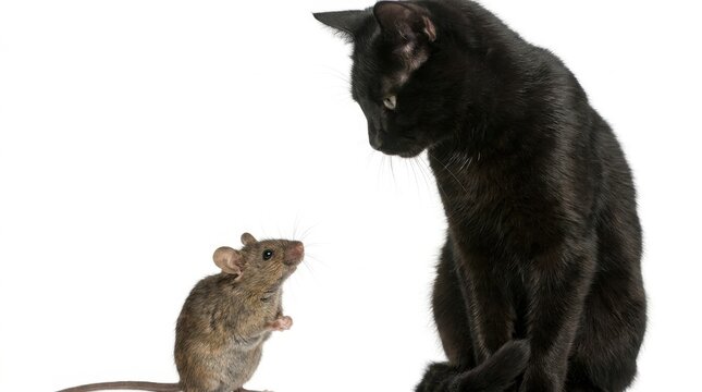 Black cat and mouse facing each other on white background.