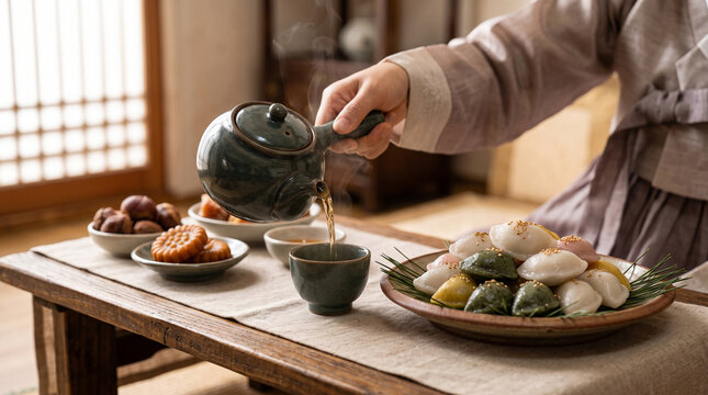 Still life with teapot and songpyeon for chuseok