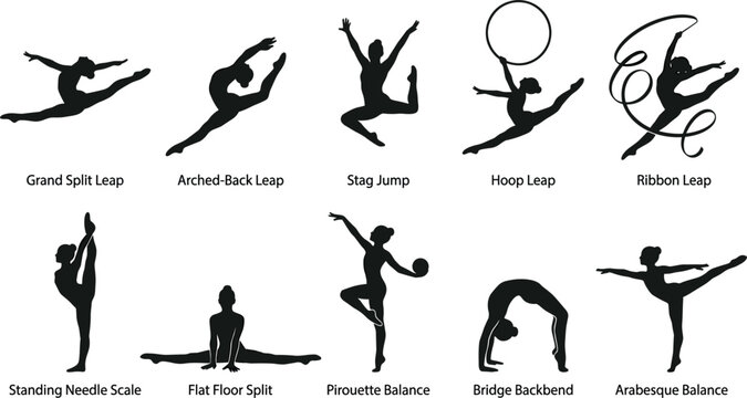 Gymnastics silhouette vector illustration set with rhythmic gymnast poses leaps splits backbend and apparatus isolated on white background