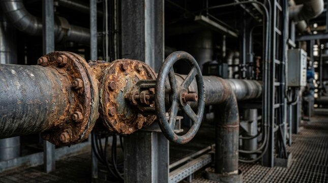 A heavily rusted industrial pipeline valve, showing signs of severe corrosion and age within a dark factory setting.