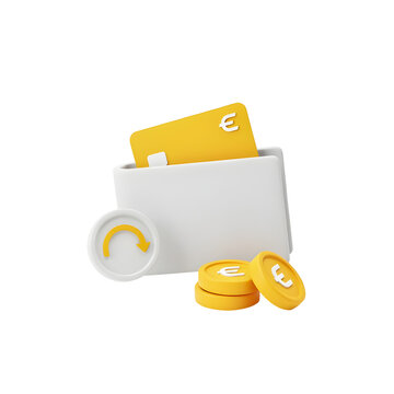 Digital wallet with euro coins and credit card. 3D financial icons for banking and online payment. White wallet and yellow currency elements