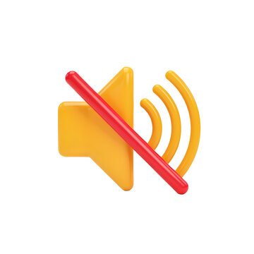Mute speaker icon with red diagonal line. Yellow 3D volume button isolated on white background. Sound off and silent mode notification symbol