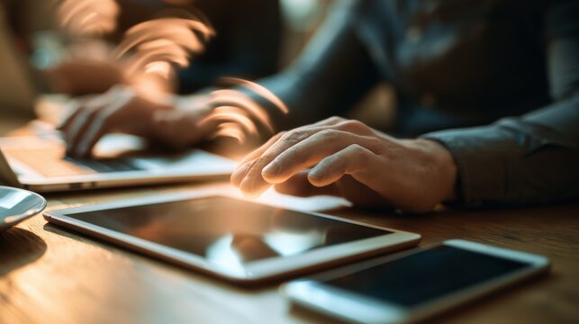 close up hands multitasking man using tablet, laptop and cellphone connecting wifi

