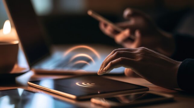close up hands multitasking man using tablet, laptop and cellphone connecting wifi

