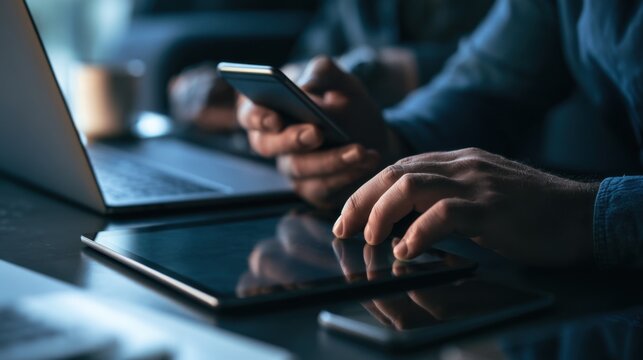 close up hands multitasking man using tablet, laptop and cellphone connecting wifi
