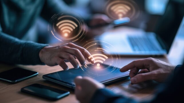 close up hands multitasking man using tablet, laptop and cellphone connecting wifi

