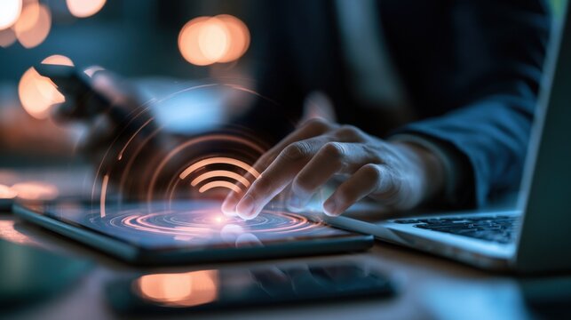 close up hands multitasking man using tablet, laptop and cellphone connecting wifi
