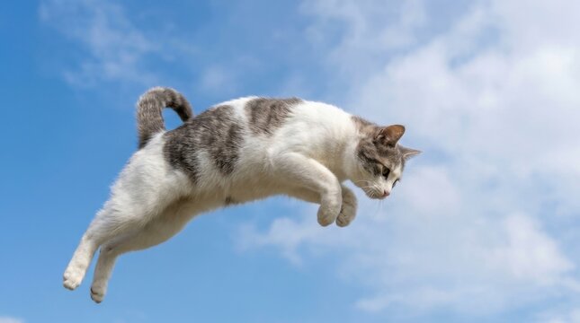 Cat jumping in the air against a blue sky with clouds.