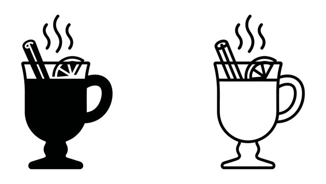 Hot Beverage Icon: A simple graphic representing a hot drink in a glass mug, garnished with cinnamon stick and lemon slice, emitting steam, available in both black and white outline versions.