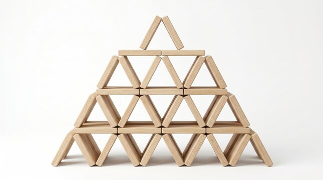 Perfect Pyramid Structure Built from Wooden Blocks in Symmetrical Geometric Pattern
