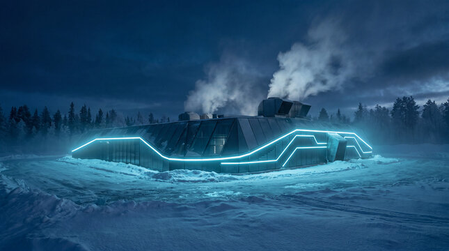Futuristic Bunker in Arctic Tundra: A snow-covered, futuristic bunker with glowing blue accents and steam rising from its chimneys stands isolated in the harsh, cold arctic landscape at night.