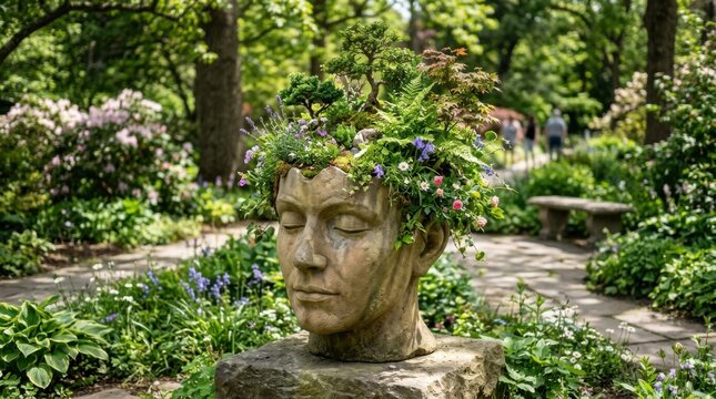 Artistic stone sculpture of a woman's face with floral garden in the background