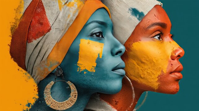 Colorful digital portrait of two women facing right with painted faces and headscarves