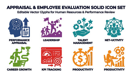 Fototapeta premium Appraisal and employee evaluation solid icon set featuring human resources