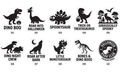 Collection of ten black silhouette dinosaur for halloween themed apparel, featuring t-rex, stegosaurus, pumpkins, witch hats, and spooky typography for festive holiday © Sabbir Art Express