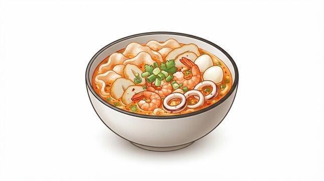 Spicy Indonesian seafood seblak bowl with shrimp and squid vector graphic illustration isolated on white