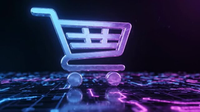 digital shopping cart icon hovering over futuristic circuit board with glowing blue and pink lights, representing e-commerce and online retail