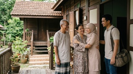 Fototapeta premium Elderly Parents and Young Family Members Sharing a Joyful Moment Outside Their Traditional Home