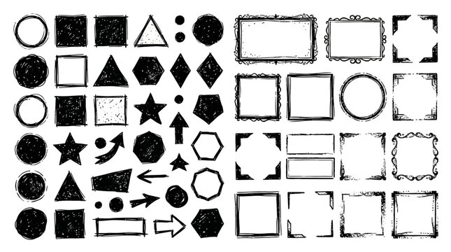 Collection of hand drawn grunge black ink geometric shapes and frames