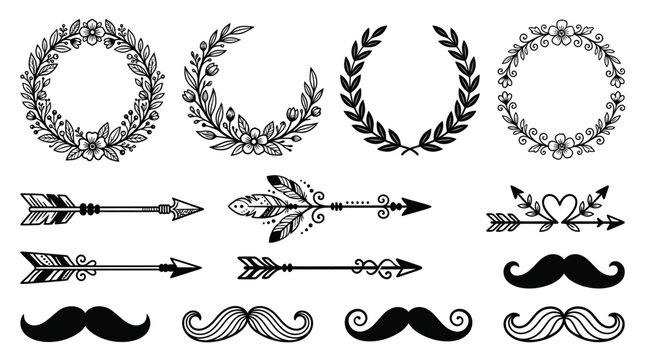 Decorative black and white elements collection featuring floral wreath arrow and mustache