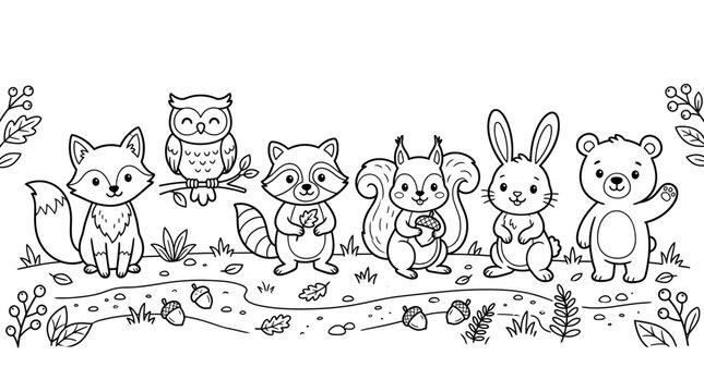 Cute woodland animals line art coloring book page for kids