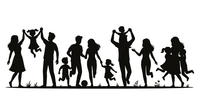 Silhouettes of parents and children playing and interacting together happily