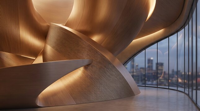 Modern interior design featuring fluid organic wooden architecture with warm ambient lighting and expansive city views