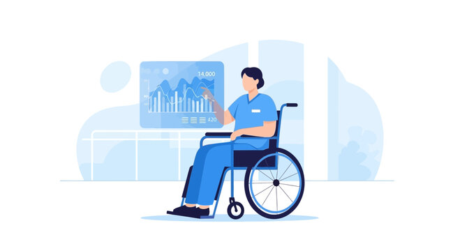 Nurse in wheelchair analyzing financial charts on a digital screen, isolated