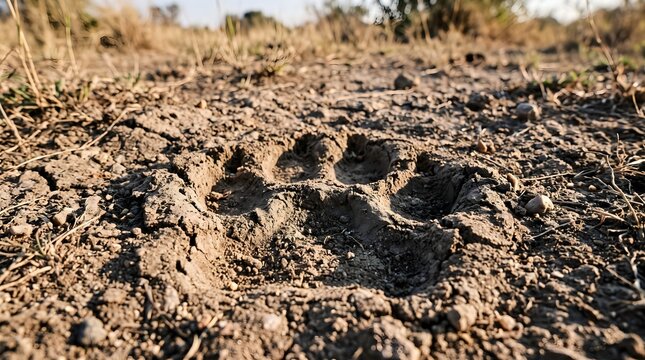 Large wild lion paw print pressed into dry cracked brown earth captured during bright daylight with high detailed depth focus