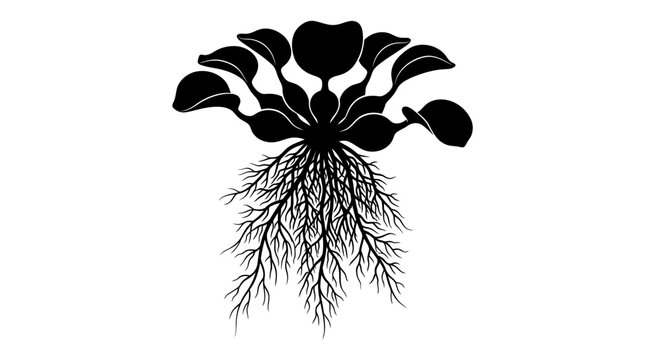 Botanical silhouette of a water hyacinth plant showing floating leaves and roots