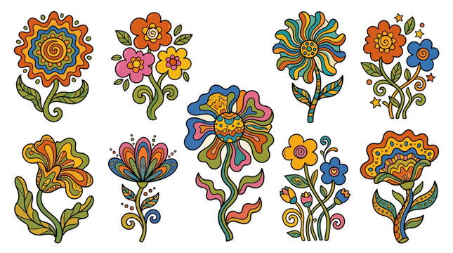 Groovy abstract flower doodle art set in retro 70s style