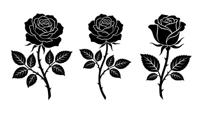 Set of three black silhouette rose flowers with leaves