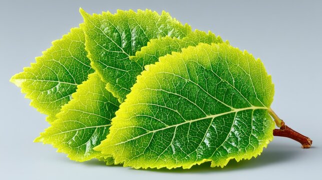 Close-up of vibrant, textured green leaves with yellow edges, arranged against a plain gray backdrop