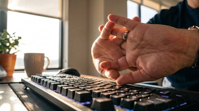 Man stretching fingers and hands over computer keyboard at desk