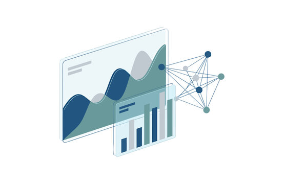 Data analytics dashboard with digital charts and network connections graphic