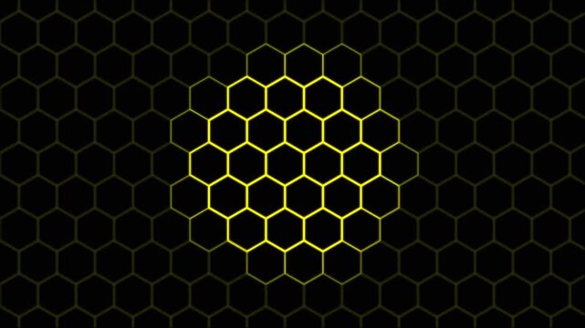 Glowing yellow hexagon grid pattern motion background with dark geometric honeycomb texture