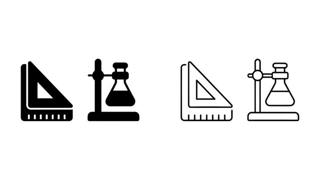 Laboratory Tools: A set of laboratory instruments including a right-angled triangle ruler and a flask on a stand, presented in both solid black and outline versions for versatility.