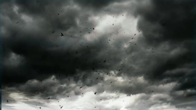 Flock of Birds Flying Against a Dramatic Dark Stormy Sky with Heavy Clouds