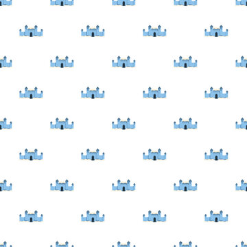 Blue fantasy castle icons repeating on a white background creating a playful pattern