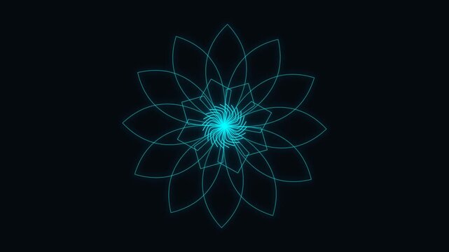 Glowing cyan digital flower animation with rotating geometric light lines on dark background