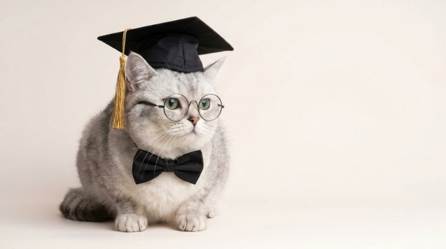 Cute cat wearing graduation cap and glasses with bow tie.
