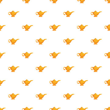 Gold magic lamps forming a seamless pattern representing wishes and fairy tales