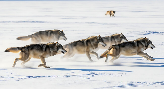 frozen lake winter with wolf pack hunting across ice