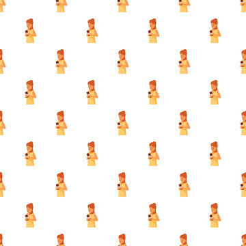Young girl enjoying a chocolate bar, forming a repeating pattern on white background