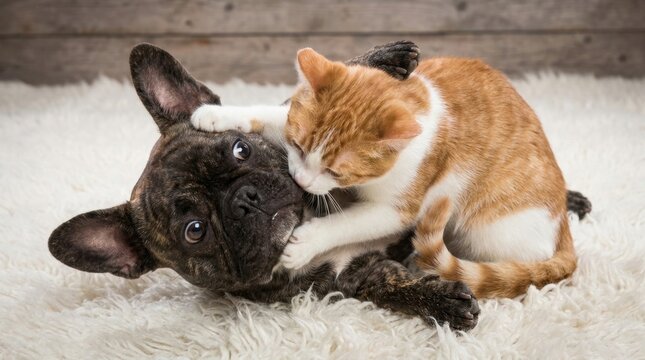 Cute French Bulldog puppy and ginger cat cuddling together on a fluffy rug.