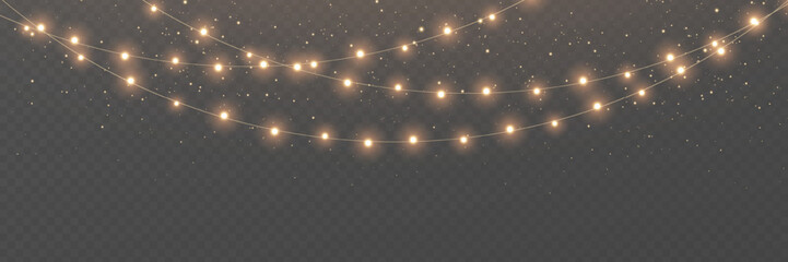 Naklejka premium Christmas gold light background. Fairy bulb, banner. New Year luxury string garland. Winter party frame. Led neon line baubles. Festive border. Glow lamp bg. Glitter bright lamp. Vector illustration