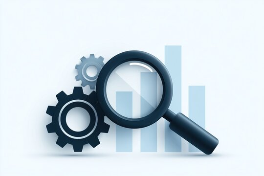 Magnifying glass over a bar chart with two gears, symbolizing data analysis, performance monitoring, and optimization.