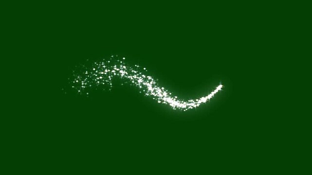 White magic sparkle trail with glitter particles, bright starbursts, white twinkling stars line, shiny dots and flying stardust, glittering star lines and fairy light effects on green background.