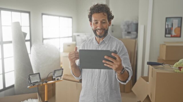 Middle aged man holding tablet with hands among stacked moving boxes, bubble wrap and paint roller in building; satisfaction relief.