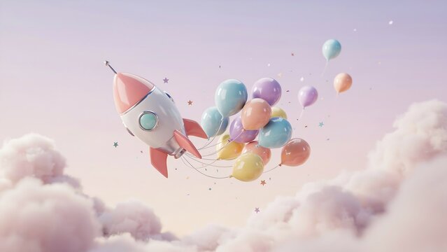 Colorful balloons lifting a toy rocket in sky